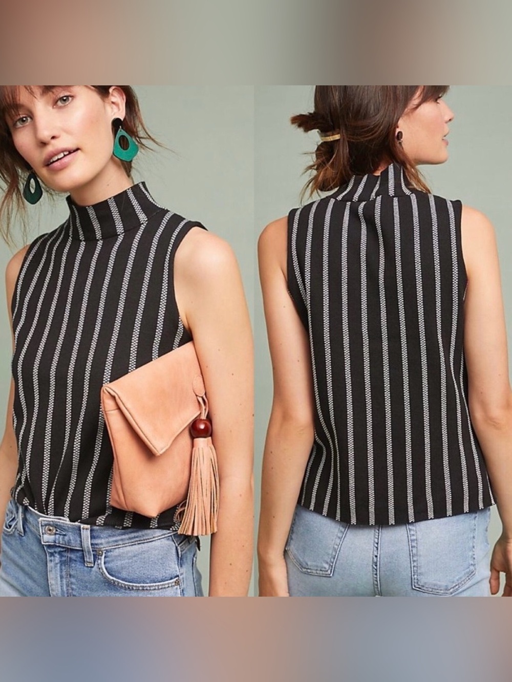 ANTHROPOLOGIE MOTH Women’s Black White Stripe ROCHESTER Mock Neck Tank Size M